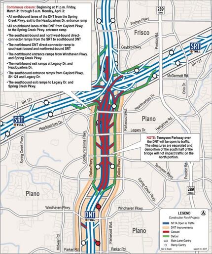 Lane closures this weekend on the Dallas North Tollway will begin at 11 p.m. Friday. (North...