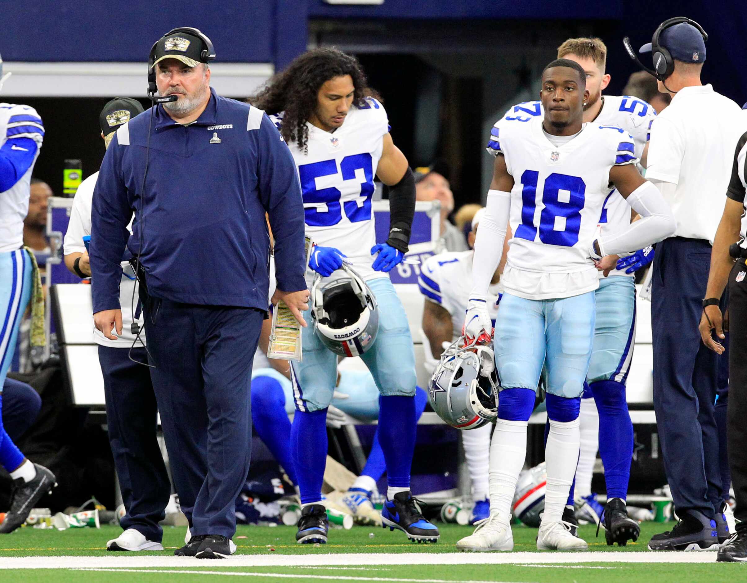 Dallas Cowboys head coach Mike McCarthy and various players watch as plans come apart during...