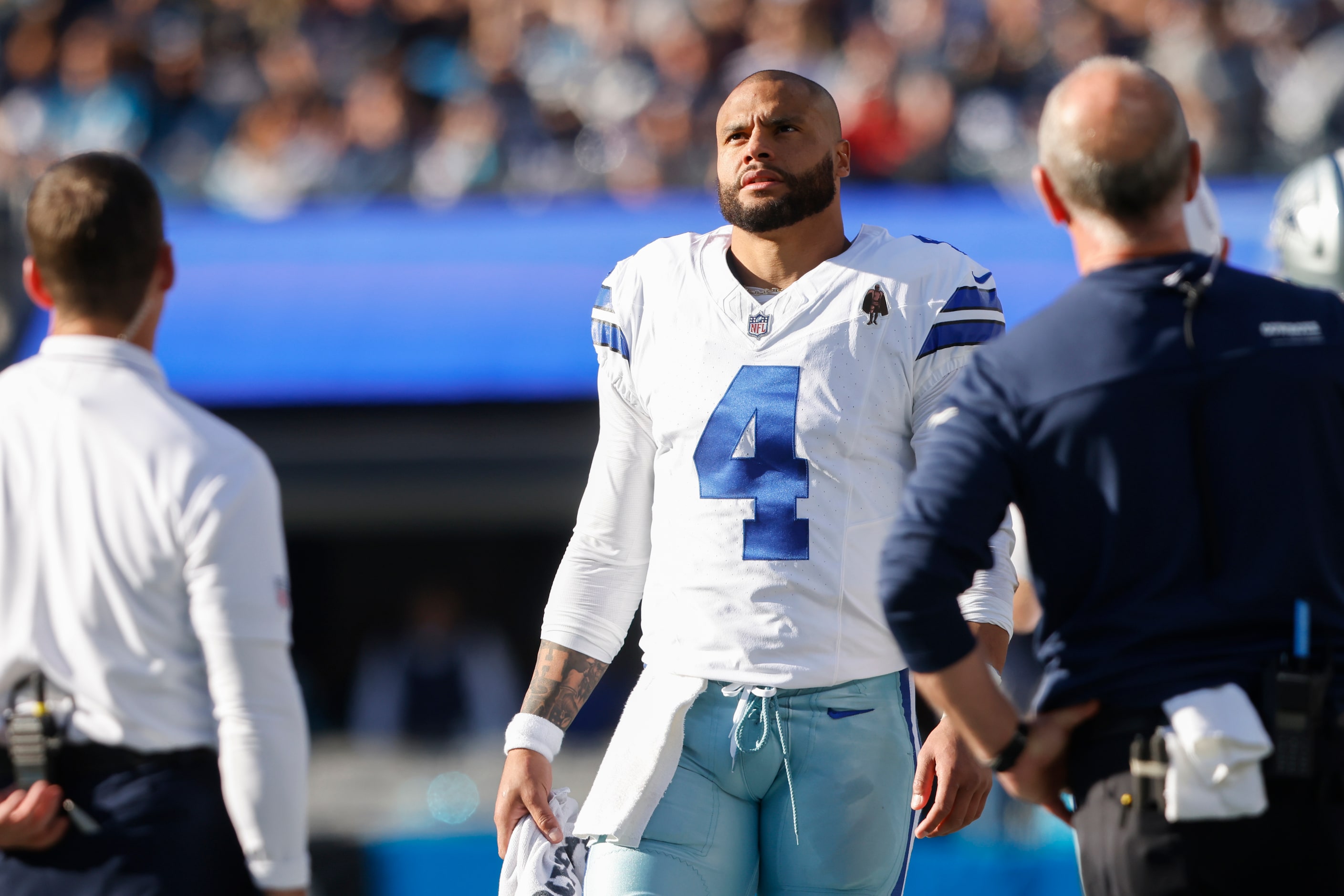 Dallas Cowboys quarterback Dak Prescott (4) looks up at the board during the third quarter...