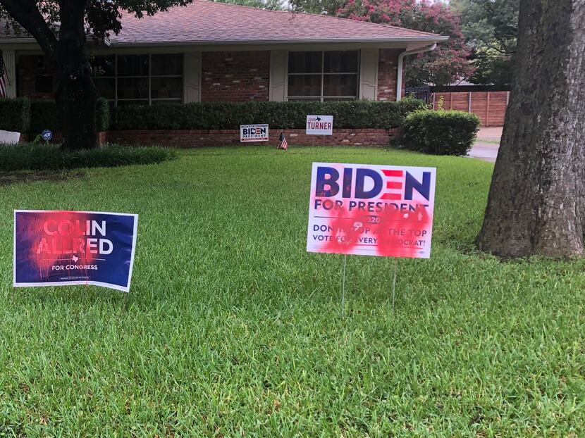 In North Dallas, several Democratic campaign signs were sprayed with red paint, including...