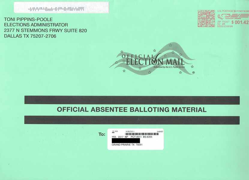 This is a mail-in ballot envelope received by a Grand Prairie voter in recent weeks that the...