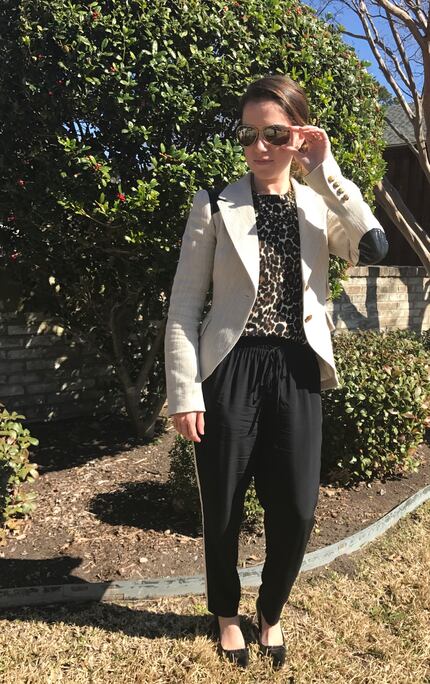 This is an outfit I wore to a lunch meeting recently: silk joggers with a tuxedo stripe, a...