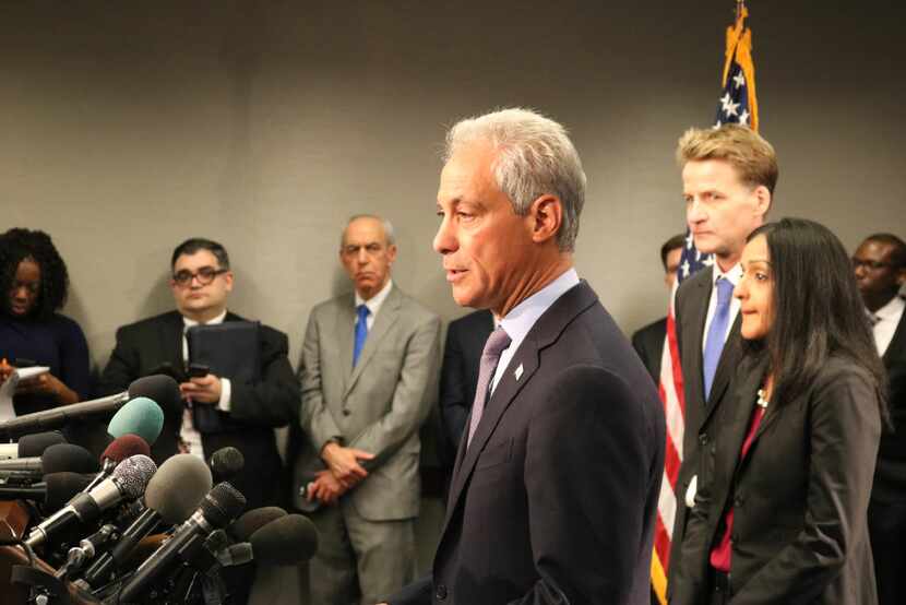Chicago Mayor Rahm Emanuel speaks at a press conference Friday in Chicago. 
A year-long...