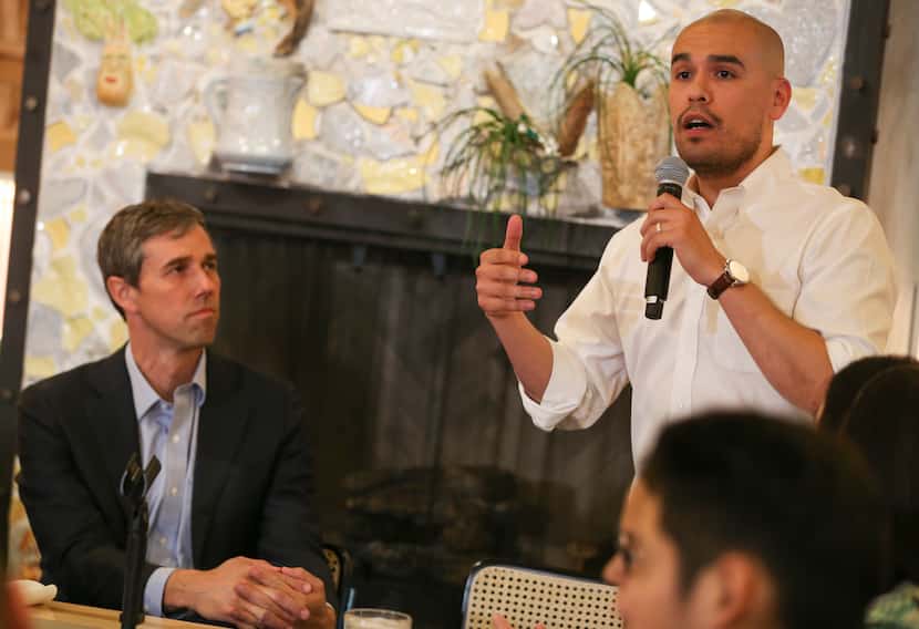 DISD Trustee Miguel Solis introduces presidential candidate Beto O'Rourke speaks during a...