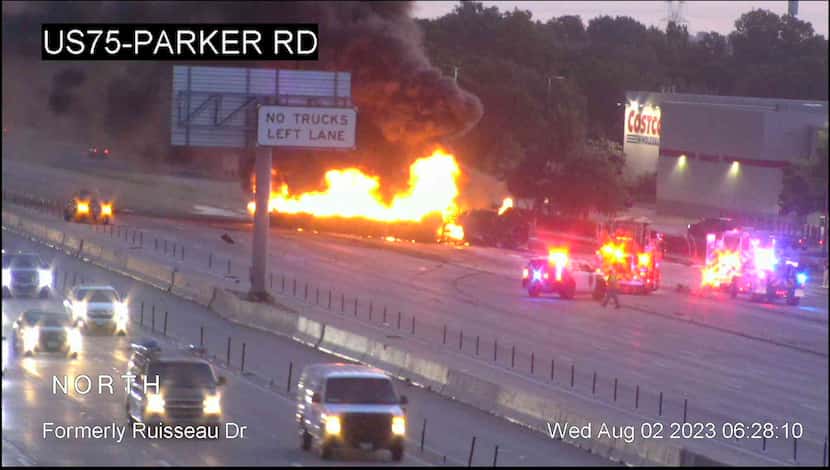 A tractor-trailer fire blocked northbound lanes on US 75 near Parker Road in Plano the...