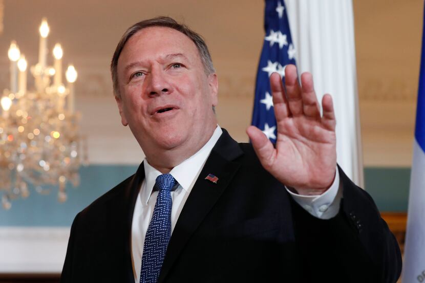 Secretary of State Mike Pompeo waves to members of the media in a 2019 file photo.  He will...