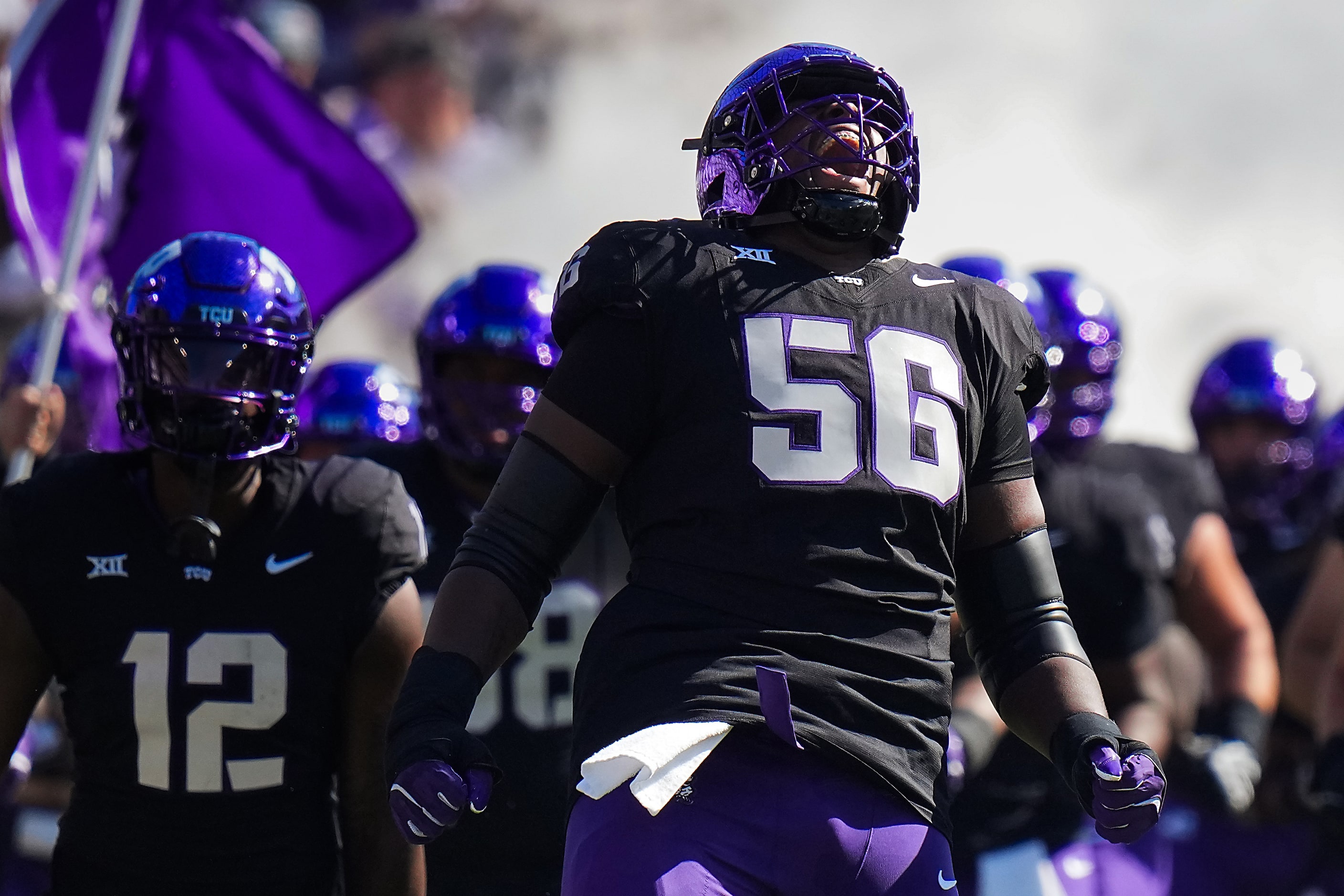 TCU offensive lineman Ben Taylor-Whitfield (56) takes the field for an NCAA football game ...