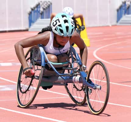 Ritvika Kondakrindi, from Hebron High School, competes in the Girls 400 meter wheelchair...