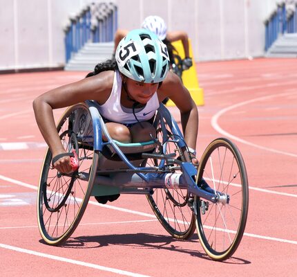 Ritvika Kondakrindi, from Hebron High School, competes in the Girls 400 meter wheelchair...