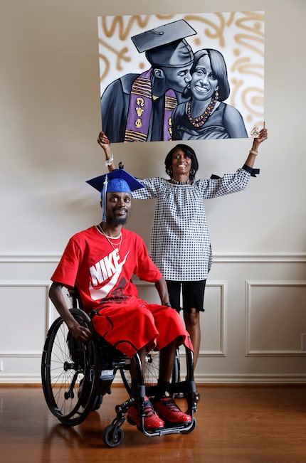 Charlotte Borner holds a graduation painting by artist Chris Rayson of her with son Corey...