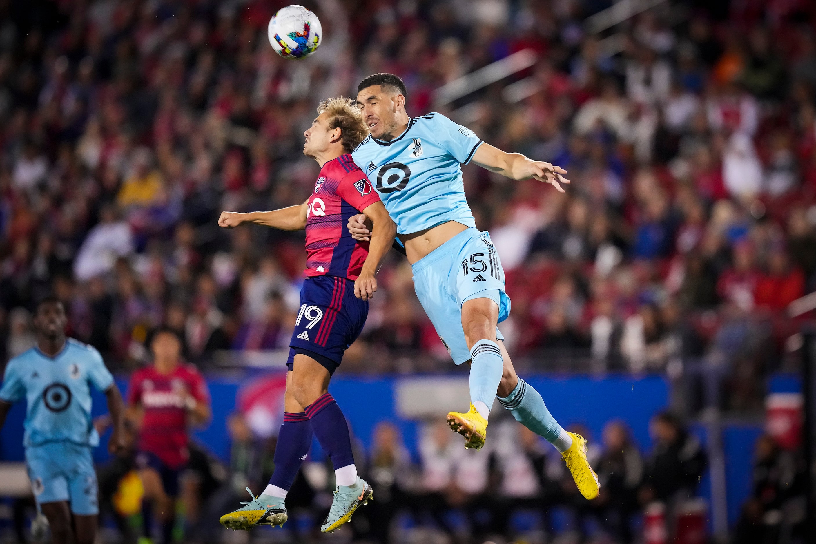 FC Dallas midfielder Paxton Pomykal (19) challenges Minnesota United defender Michael Boxall...