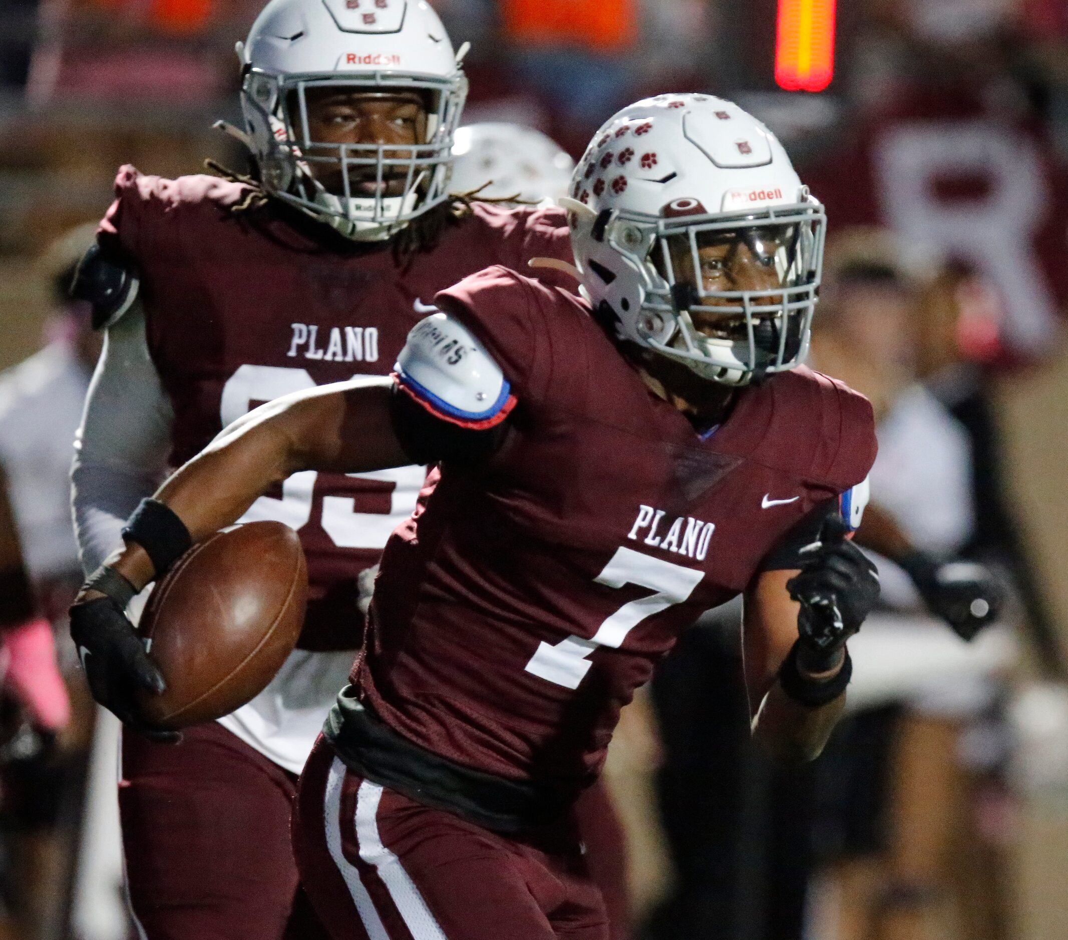 Plano Senior High School cornerback Rohon Kazadi (7) celebrates after making an interception...