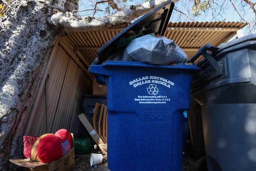 Trash and recycling bins sit in an alleyway of Hawthorne Avenue in Dallas on Wednesday, Jan....