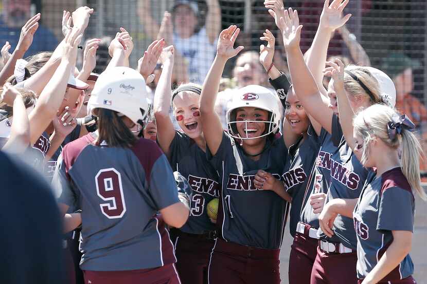 Ennis softball plays in the UIL Class 4A state softball tournament Friday morning against...