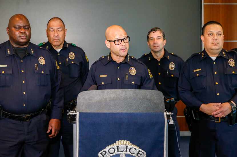 Dallas police Chief Eddie García delivers remarks during a news conference at police...