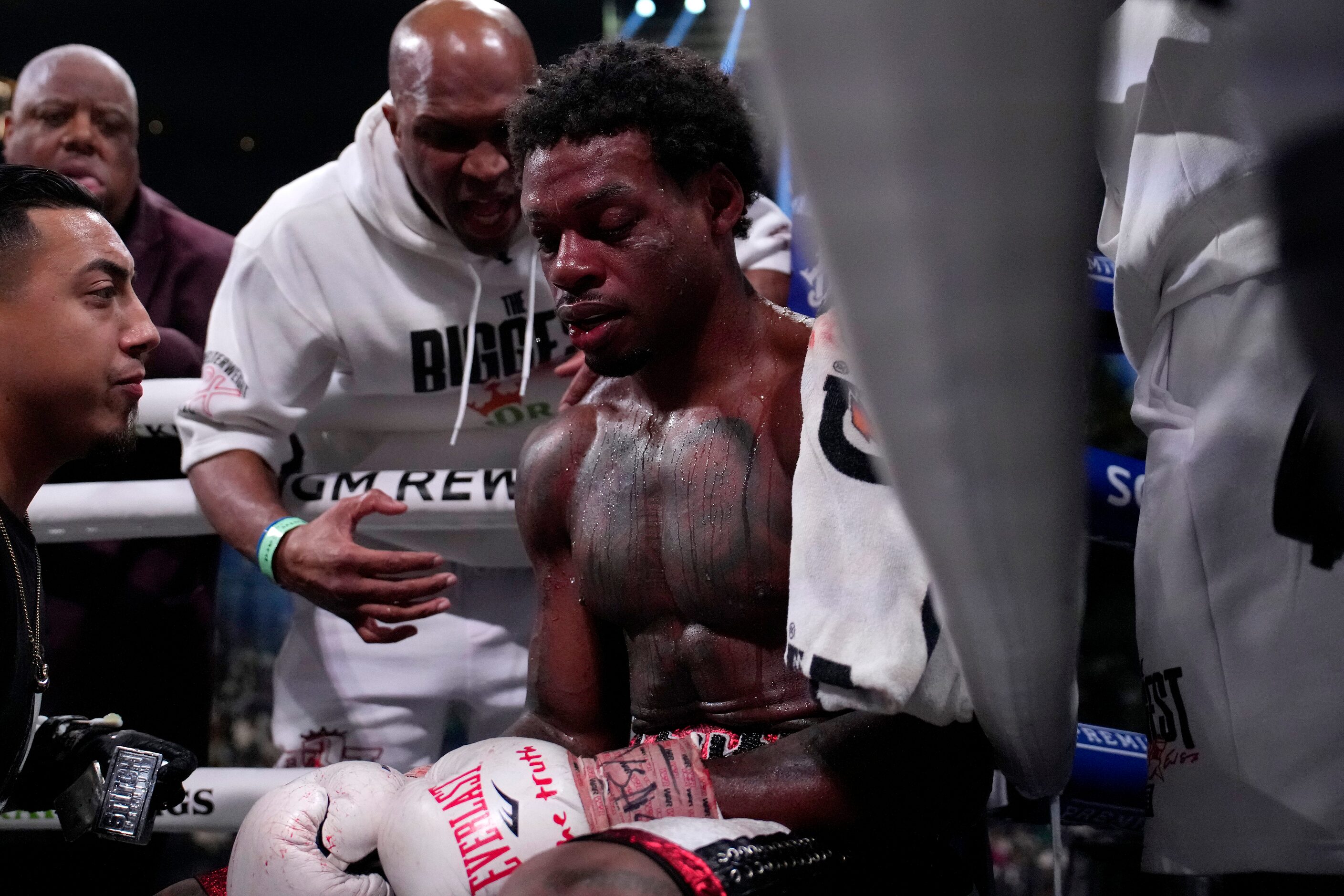 Errol Spence Jr. sits in his corner during the undisputed welterweight championship boxing...