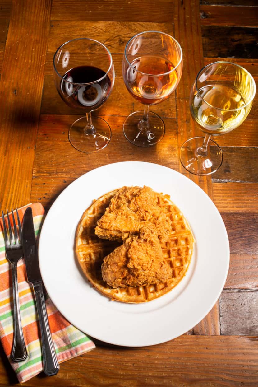 Chicken and waffles with wine photographed during a wine panel in Dallas 
