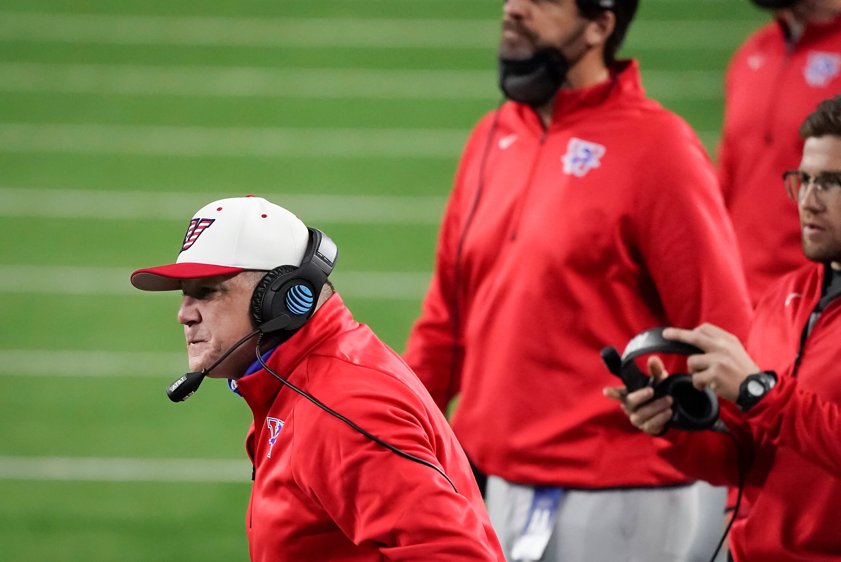 Austin Westlake head coach Todd Dodg reacts to a call during the first quarter of the Class...