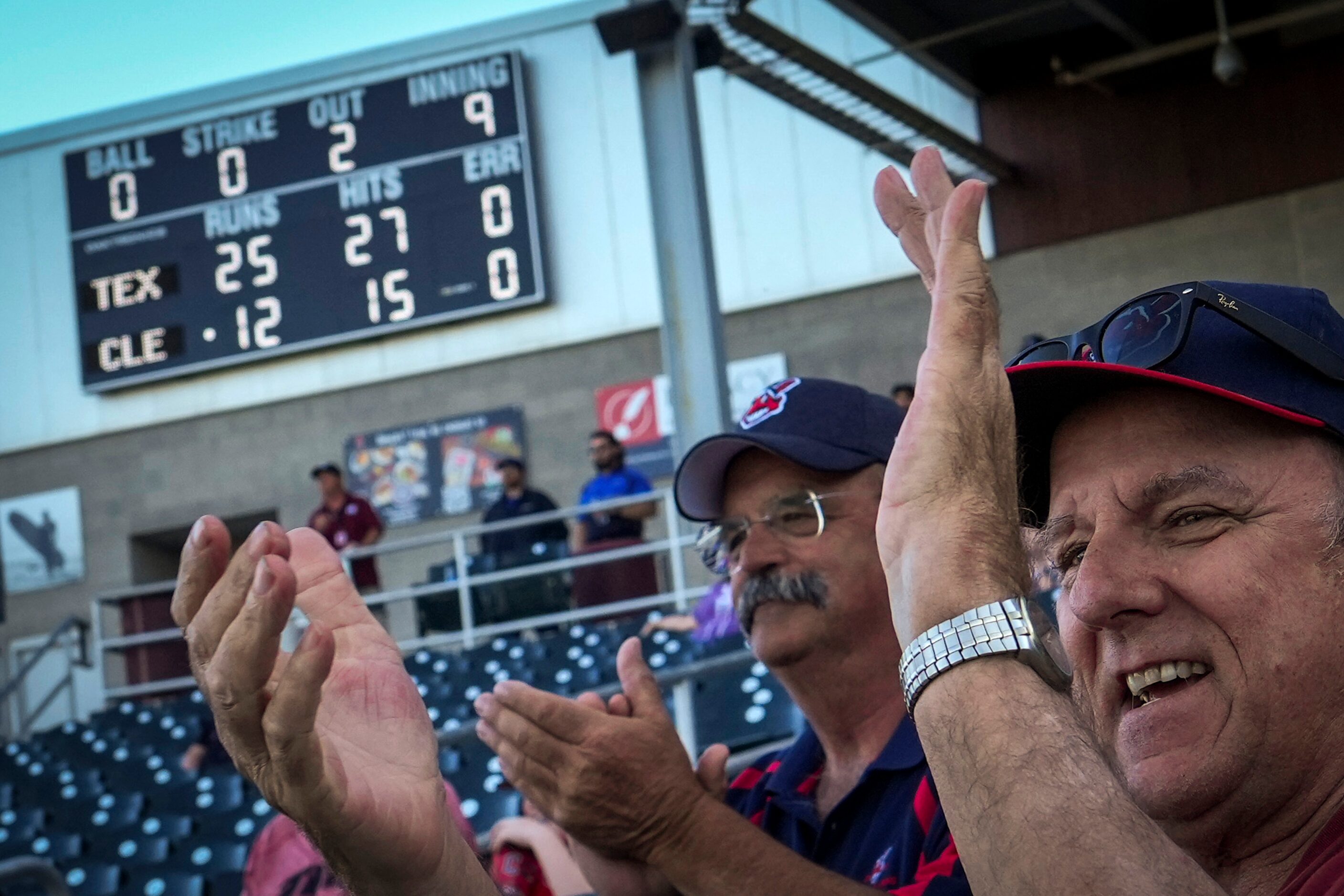 Cleveland Guardians fans cheer a home run by Gabriel Rodriguez with two outs in the 9th...