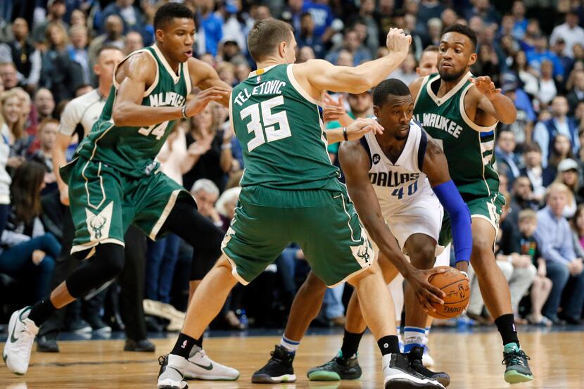 Dallas Mavericks forward Harrison Barnes (40) maneuvers to get out of coverage by Milwaukee...
