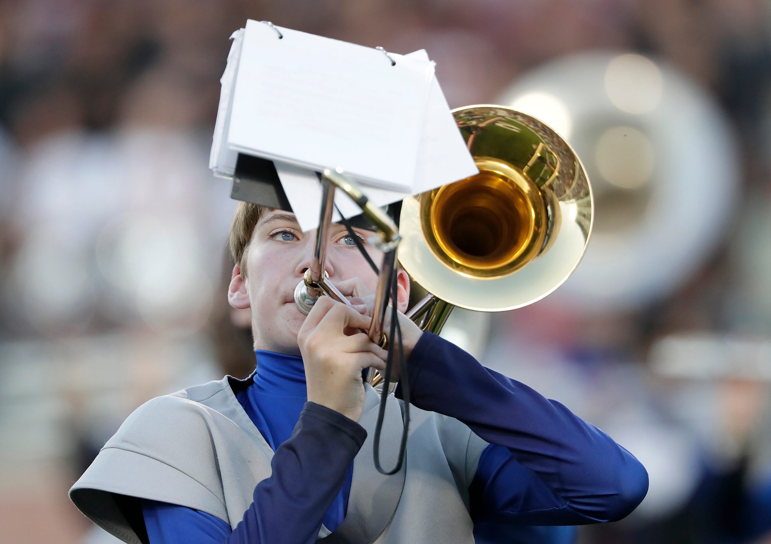 The Allen High School marching band performs before kickoff as Allen High School hosted...