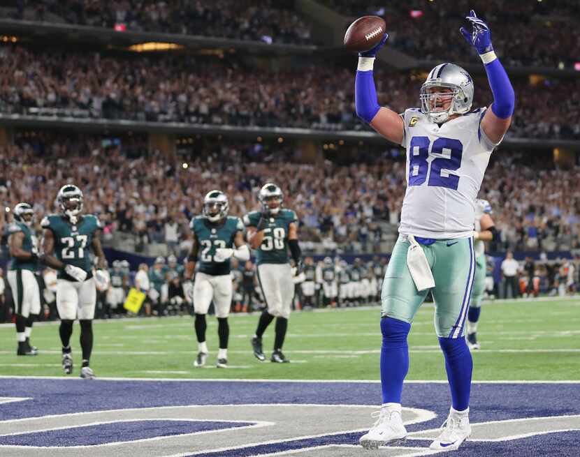 Cowboys tight end Jason Witten celebrates catching the winning touchdown pass in overtime in...