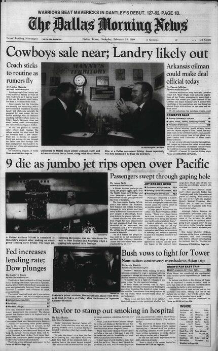 Front page of Feb. 25, 1989. Dallas Cowboys sale pending to Jerry Jones with hints of new...