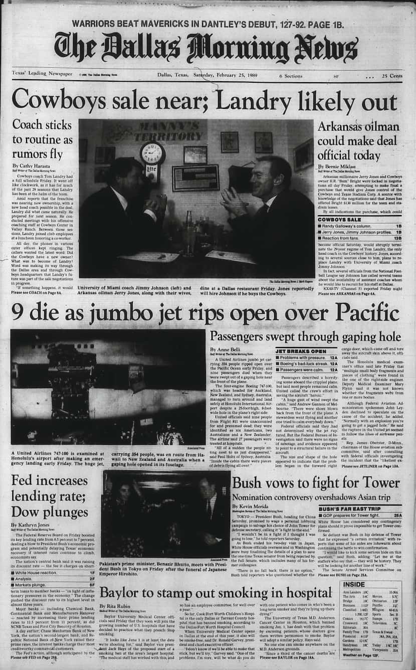 Front page of Feb. 25, 1989. Dallas Cowboys sale pending to Jerry Jones with hints of new...