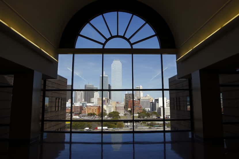 The Dallas skyline rises from the 11th floor of the Frank Crowley Courts Building in Dallas,...