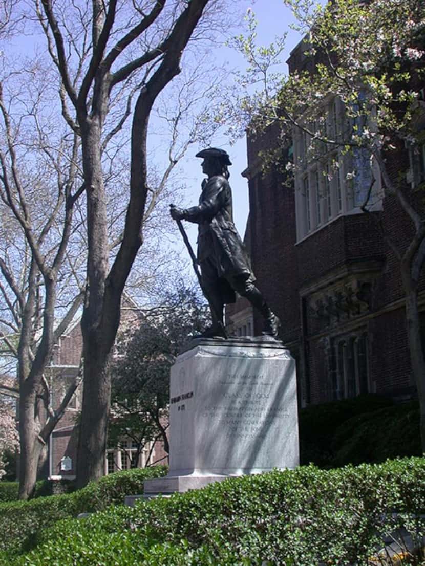 This statue of a "Youthful Franklin" depicts Franklin arriving in Philadelphia for the first...