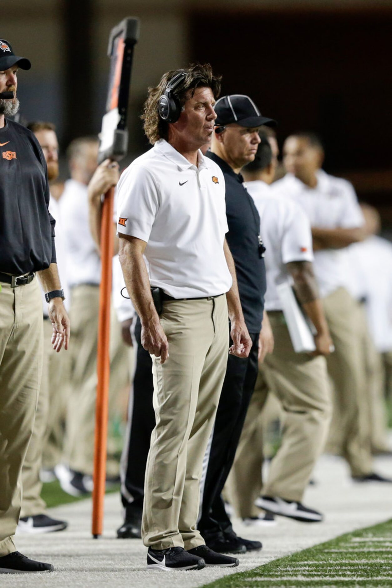 AUSTIN, TX - SEPTEMBER 21:  Head coach Mike Gundy of the Oklahoma State Cowboys reacts on...