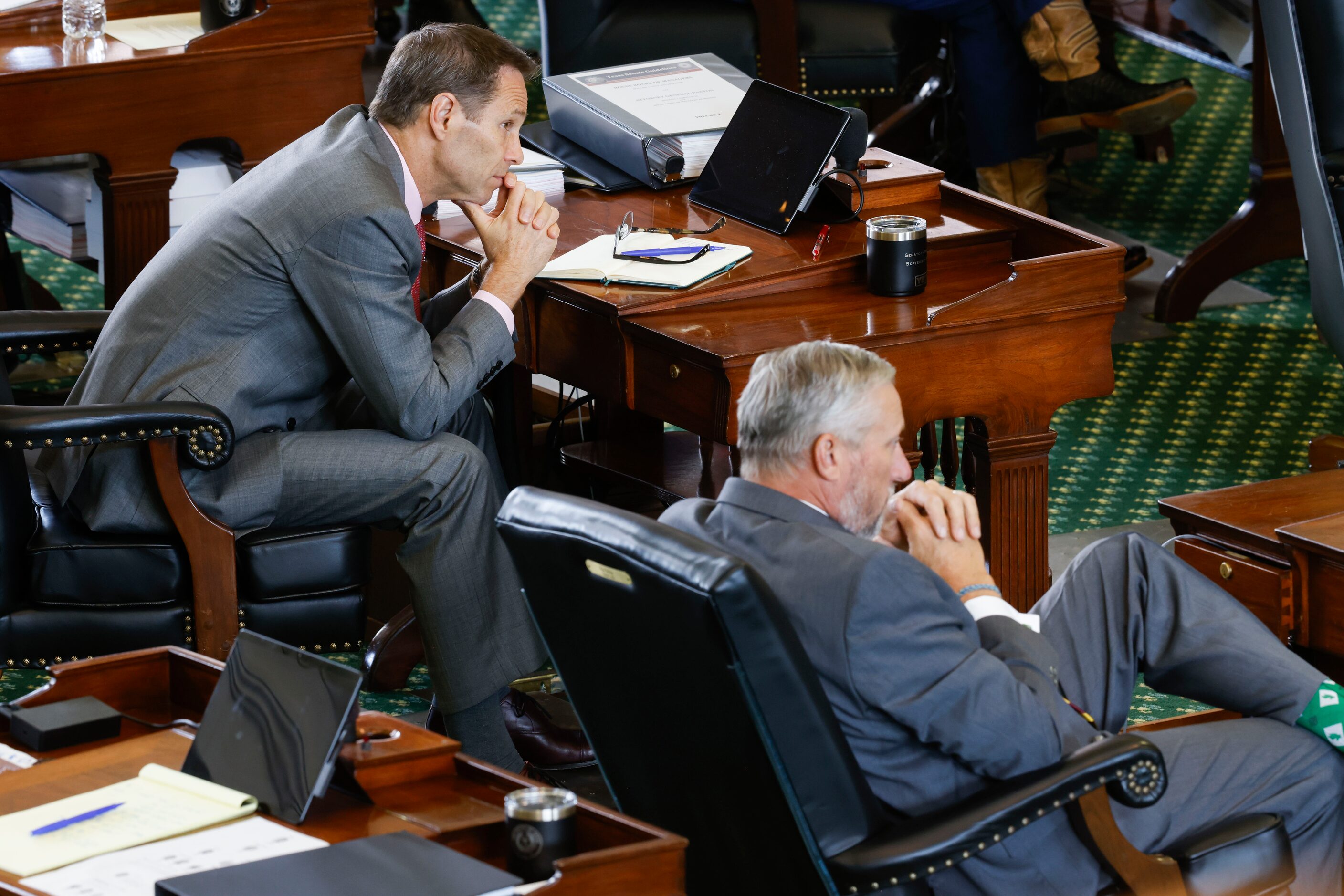 (From left) Texas Sen. Nathan Johnson, D-Dallas, and Texas Sen. Drew Springer, R-Muenster,...