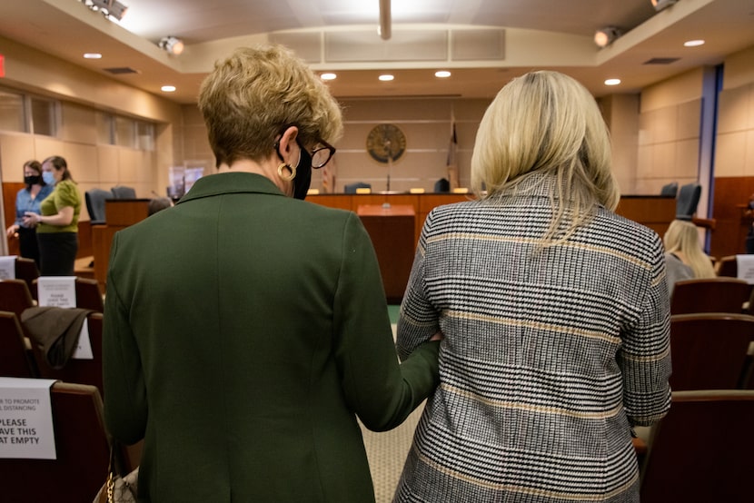 Dion (left) and Pangburn take their seats for Wednesday's hearing in the the John H. Reagan...