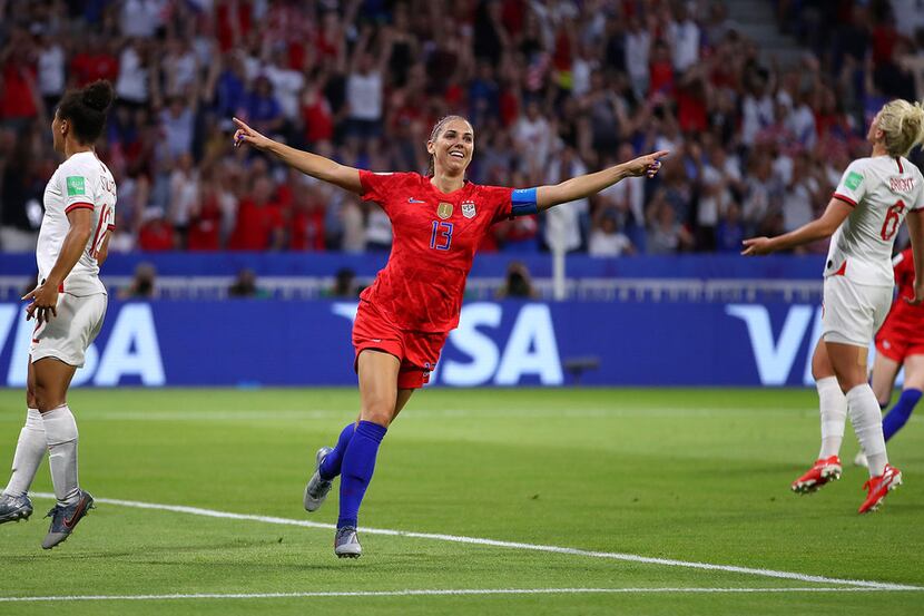 Alex Morgan of the USA celebrates after scoring during a World Cup semifinal against England...