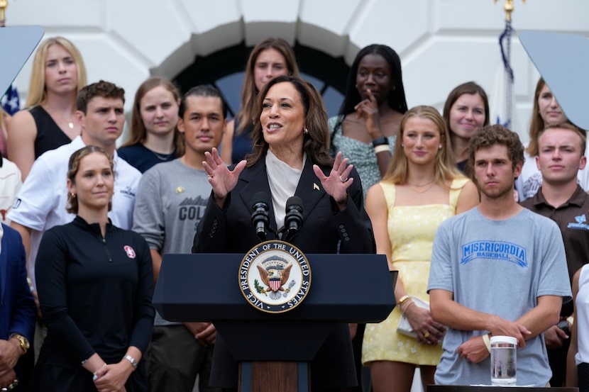 Vice President Kamala Harris speaks from the South Lawn of the White House in Washington,...