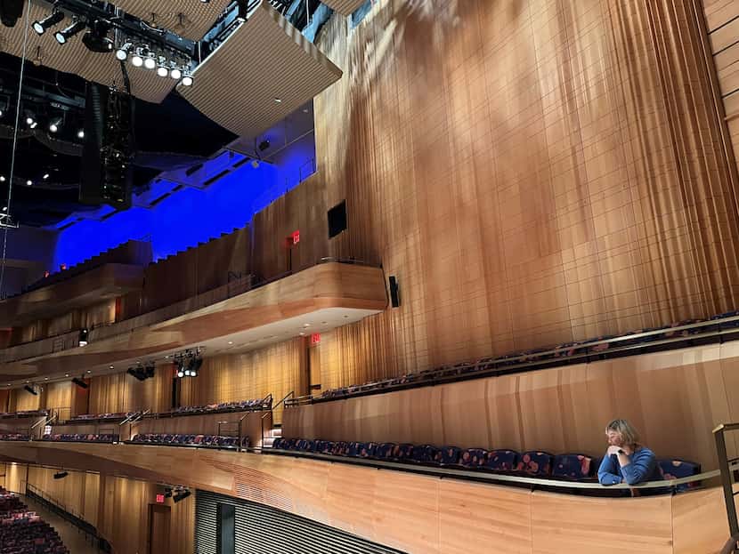 Side walls and balconies, with publicist Rachelle Roe, in Wu Tsai Theater, David Geffen Hall...