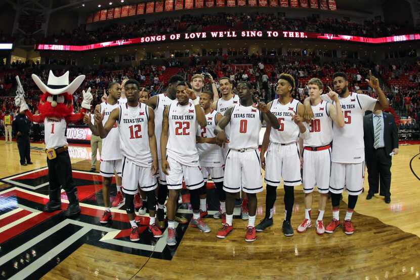 Mar 5, 2016; Lubbock, TX, USA; The Texas Tech Red Raiders sing the school song after...