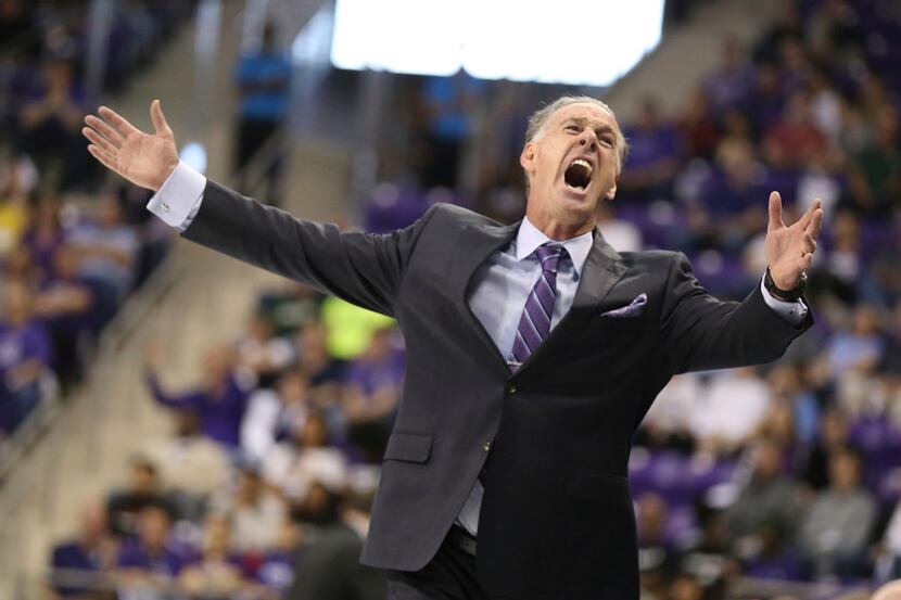 TCU head coach Jamie Dixon reacts to a call during a match with Baylor in the first half of...