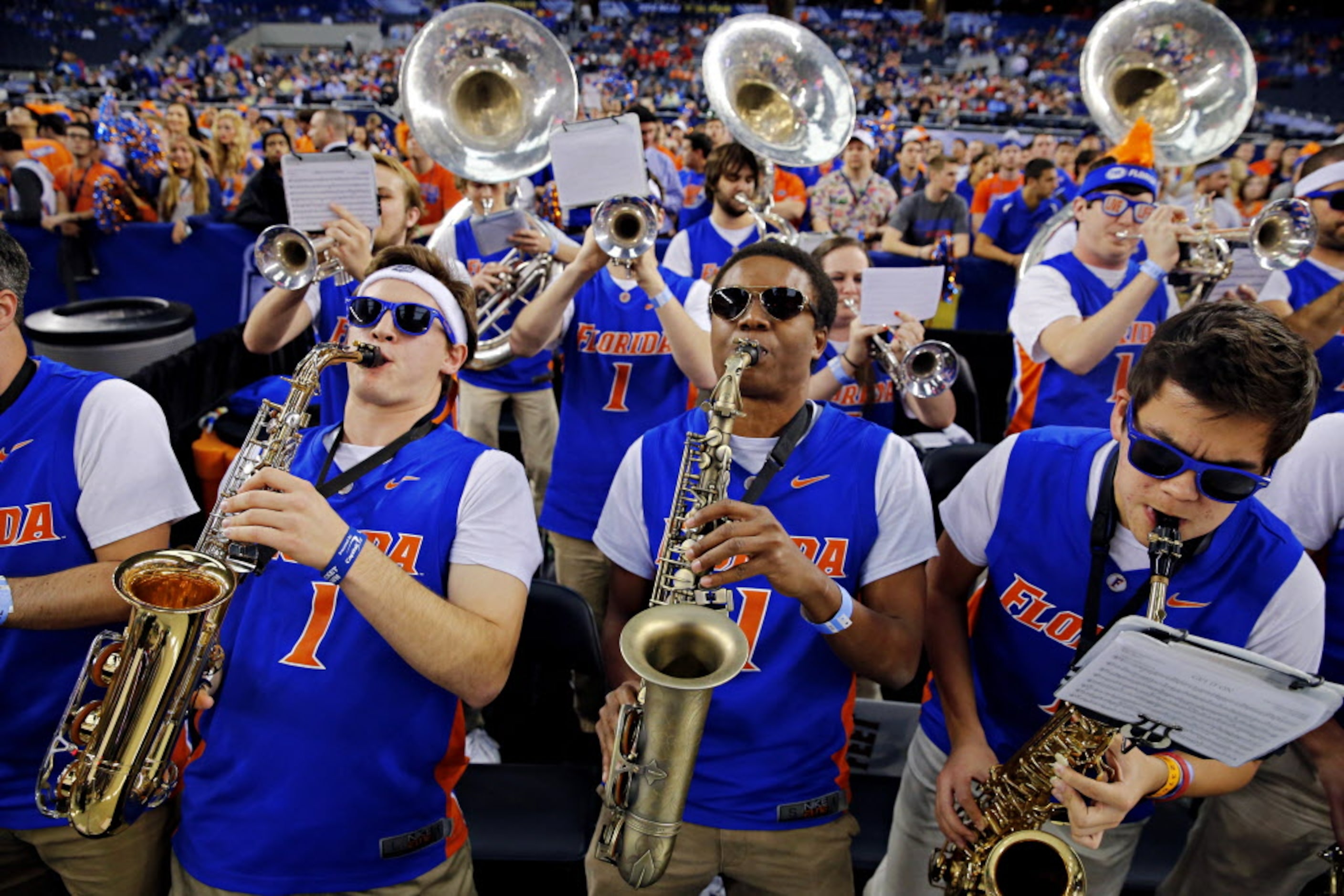 Members of the Florida Gators band perform before their NCAA Final Four game against the...