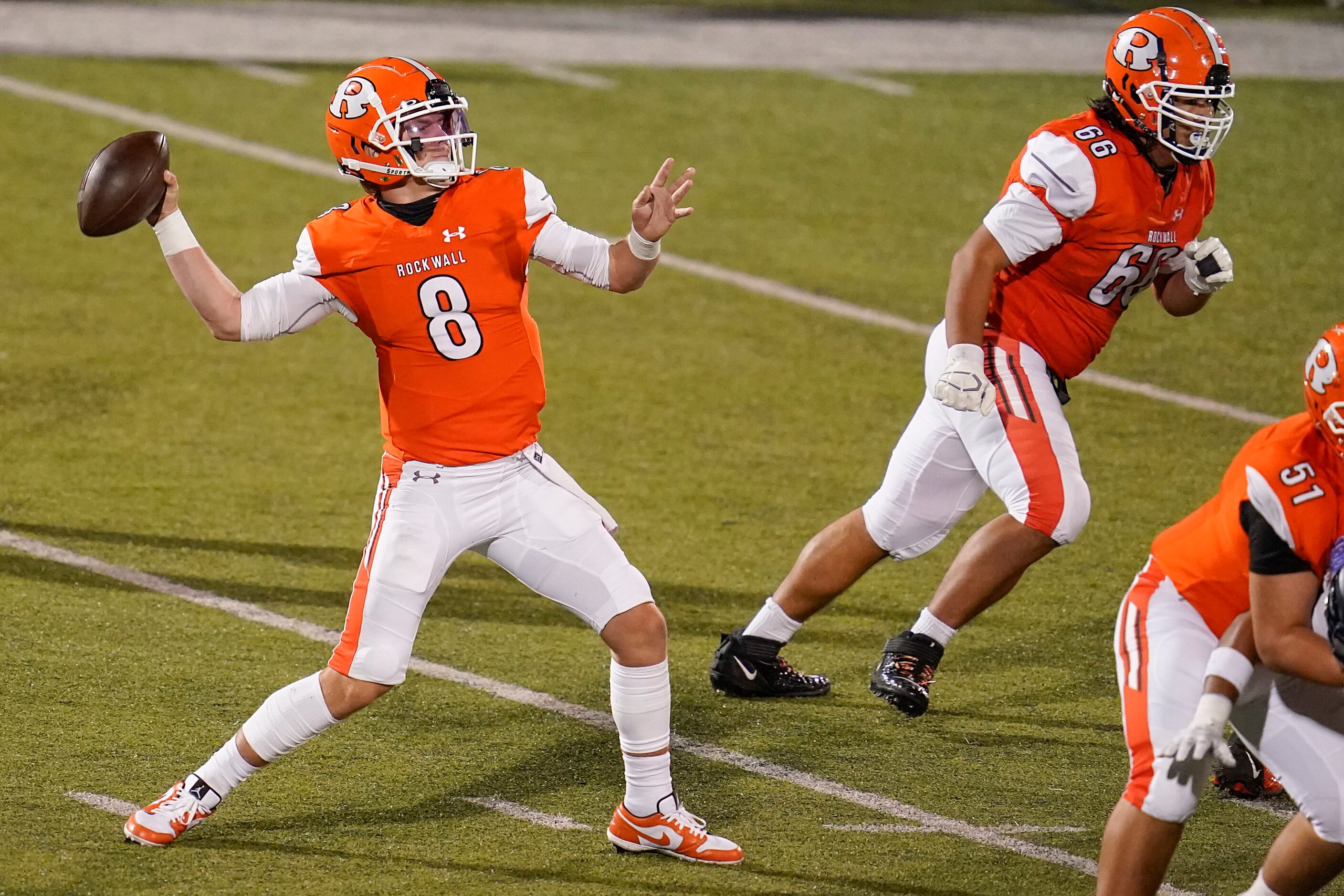 Rockwall quarterback Braedyn Locke throws a pass during the first half of a high school...