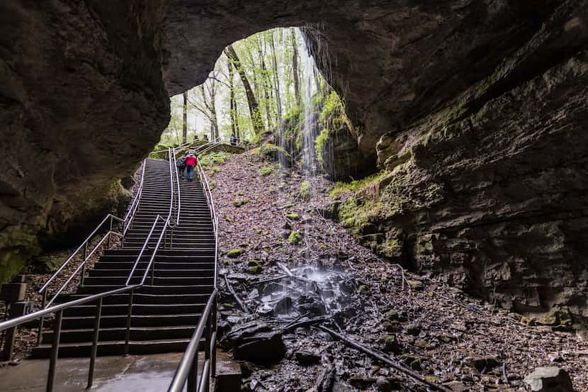 Water falls near the historical entrance of Mammoth Cave.