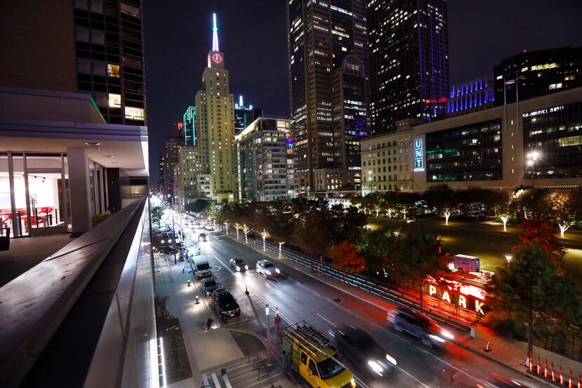 The Dallas skyline is seen from the balcony of the newly completed Dallas Morning News...