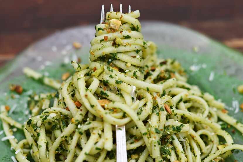Pistachio Lemon Pesto can be served on your pasta of choice.