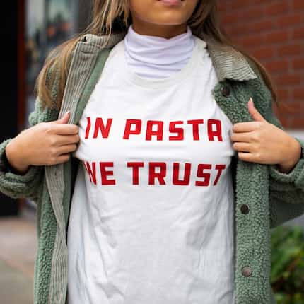 Due' Cucina sells pasta-themed merch. In addition to "In Pasta We Trust," one shirt (not...