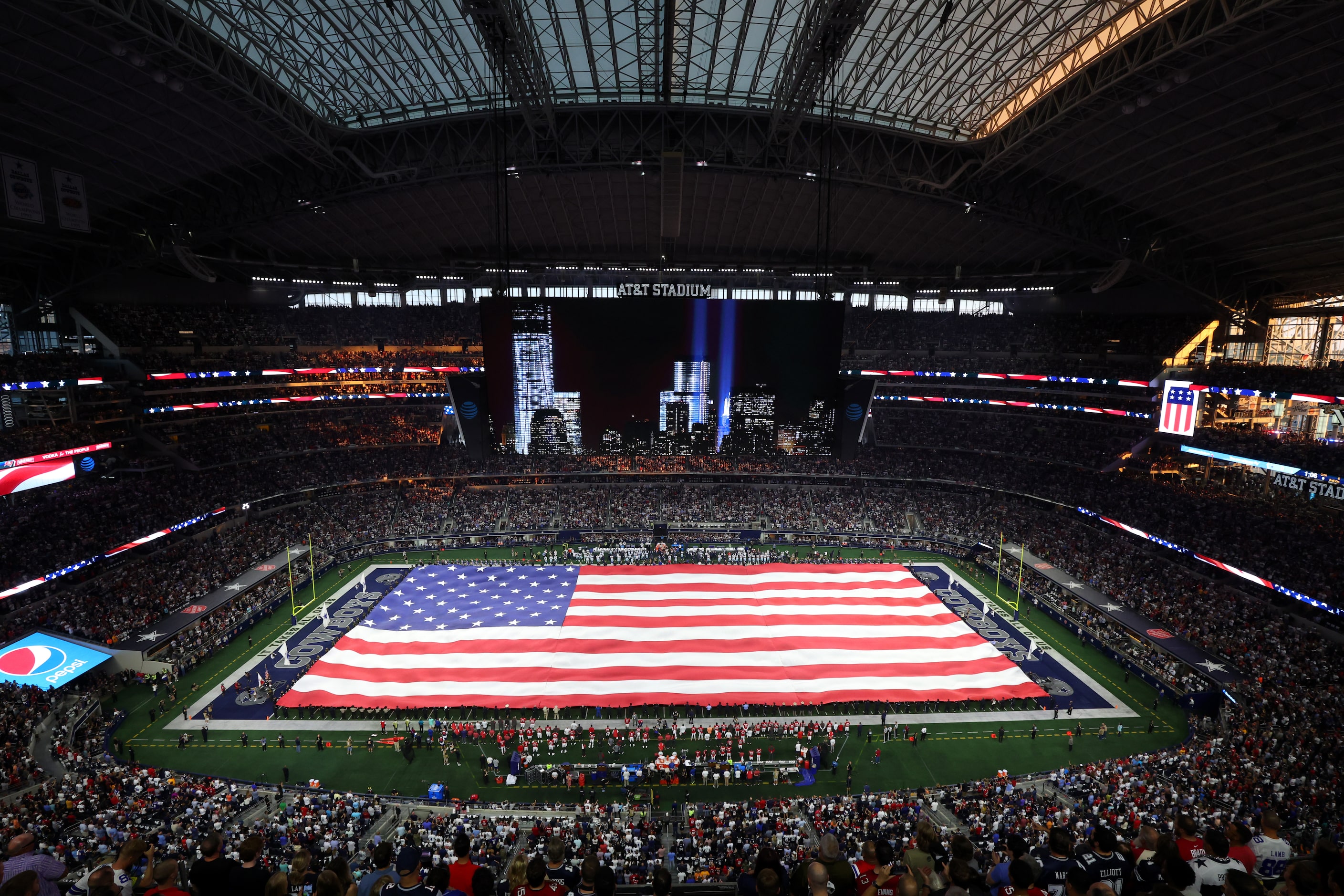 ARLINGTON, TEXAS - SEPTEMBER 11: A general view inside AT&T Stadium during the national...