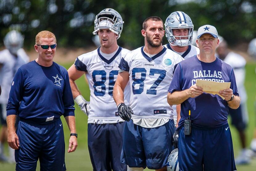 Dallas Cowboys head coach Jason Garrett (left) and offensive coordinator Scott Linehan watch...