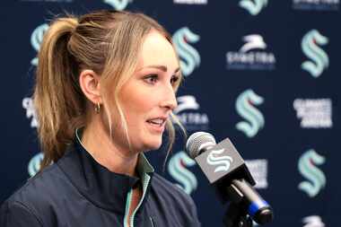 Seattle Kraken new assistant coach Jessica Campbell speaks during an NHL hockey press...