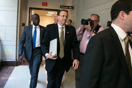 Deputy Attorney General Rod Rosenstein arrives for a closed-door meeting with Senators a day...