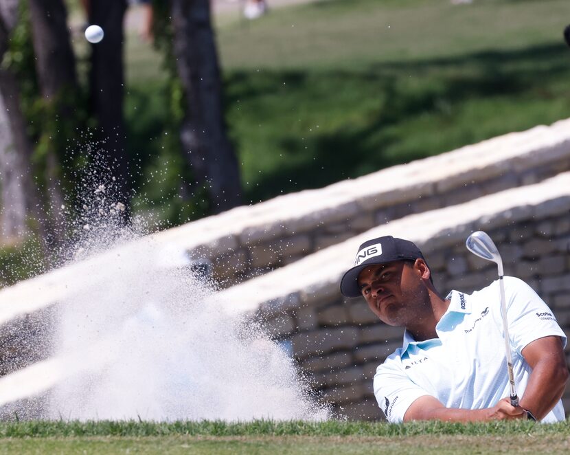 Sebastián Muñoz hits from the sand pit on no. 18 during the second round of AT&T Byron...