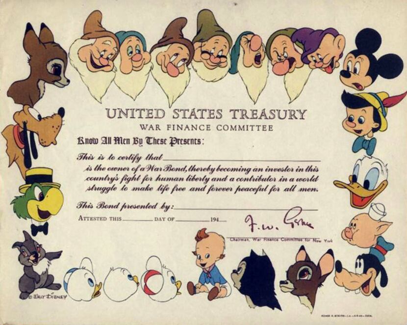 Disney images frame a paper war bond for the United States Treasury War Finance Committee.
